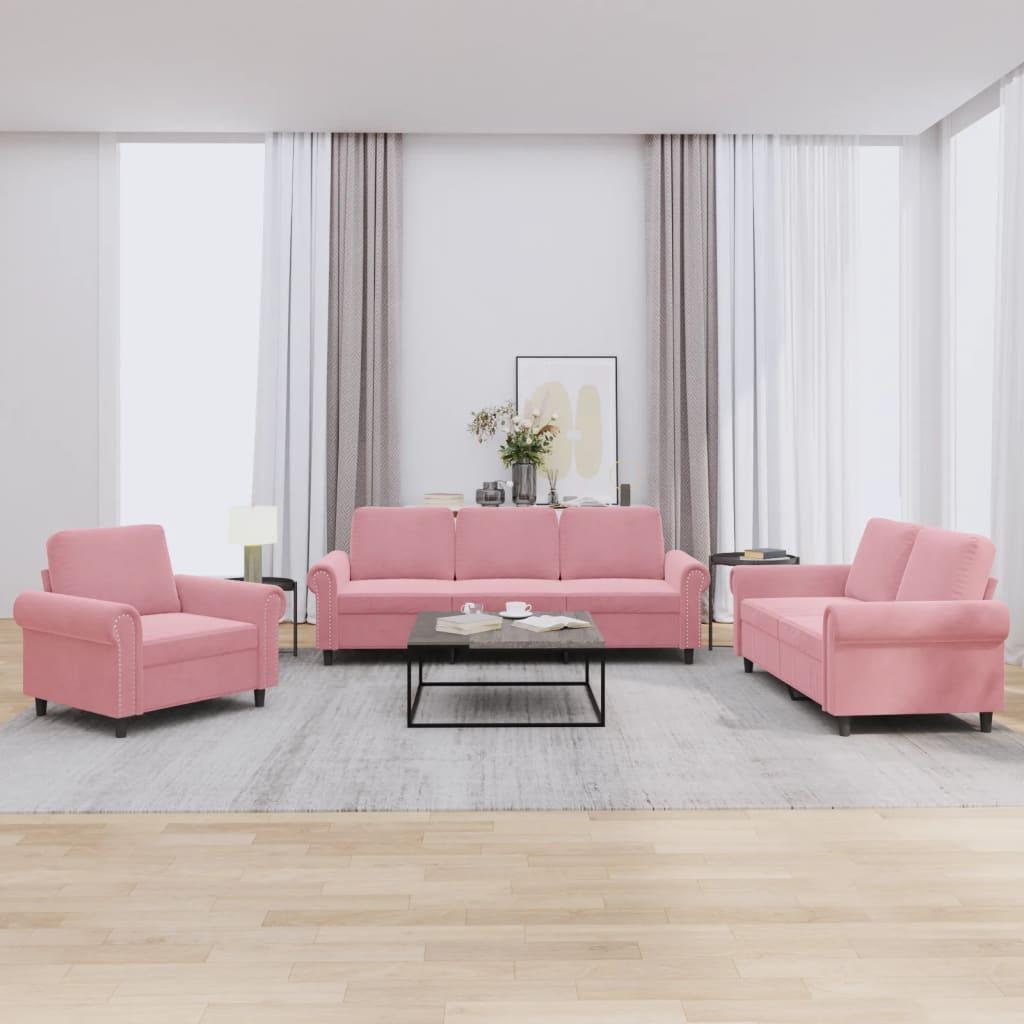 Sofasæt 3 dele med hynder velour lyserød