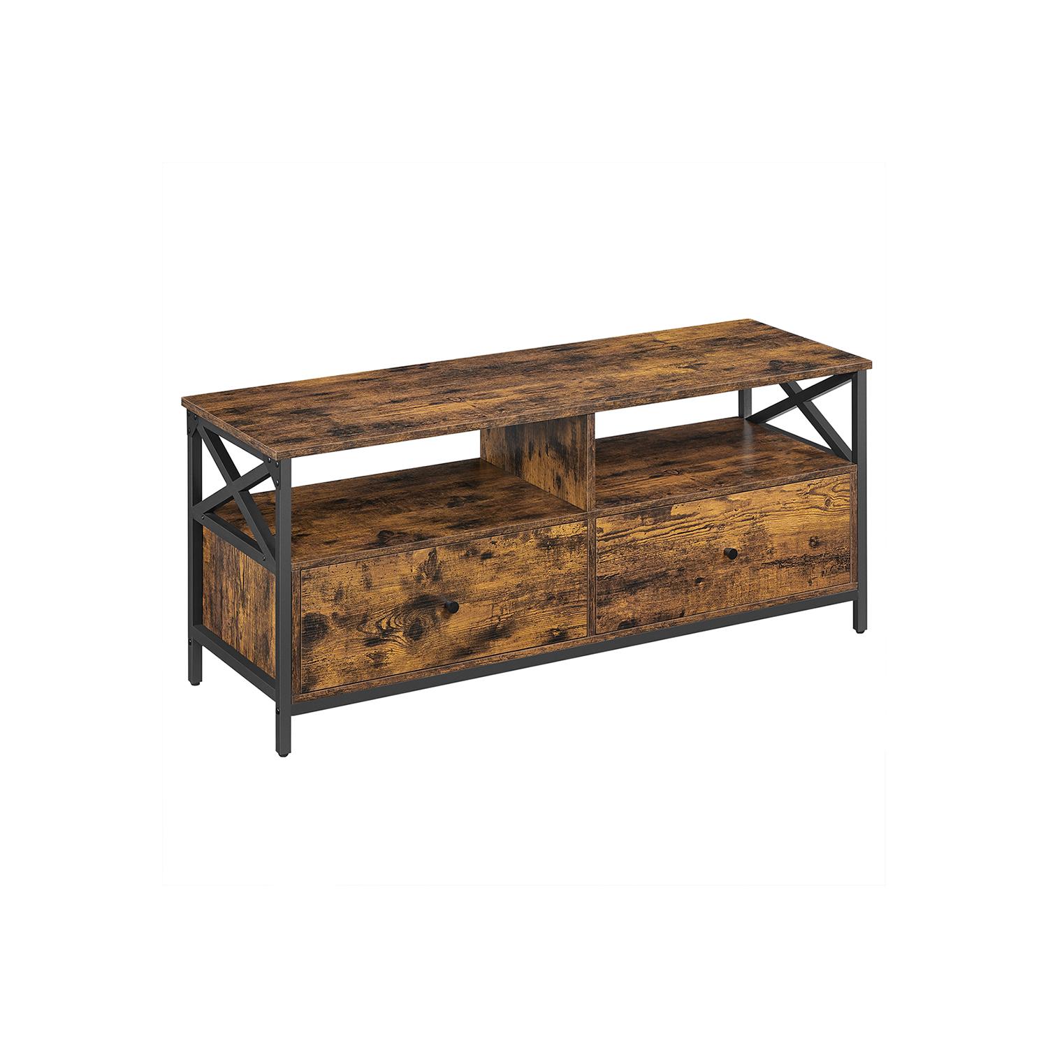TV-bord til 55" - industrielt i rustik brun/sort, 120 × 40 × 50 cm med 2 skuffer