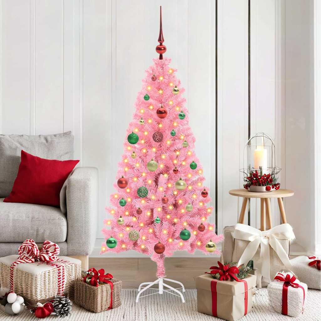 Juletræ PVC - Lyserød / 150 Cm / Med LED og multicolor kugler