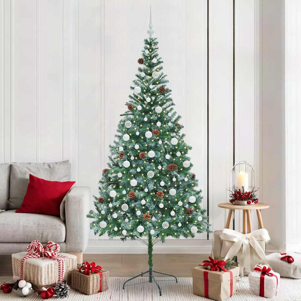 Kunstigt juletræ 210 cm - grøn, med 300 LED og pynt, PVC/stål