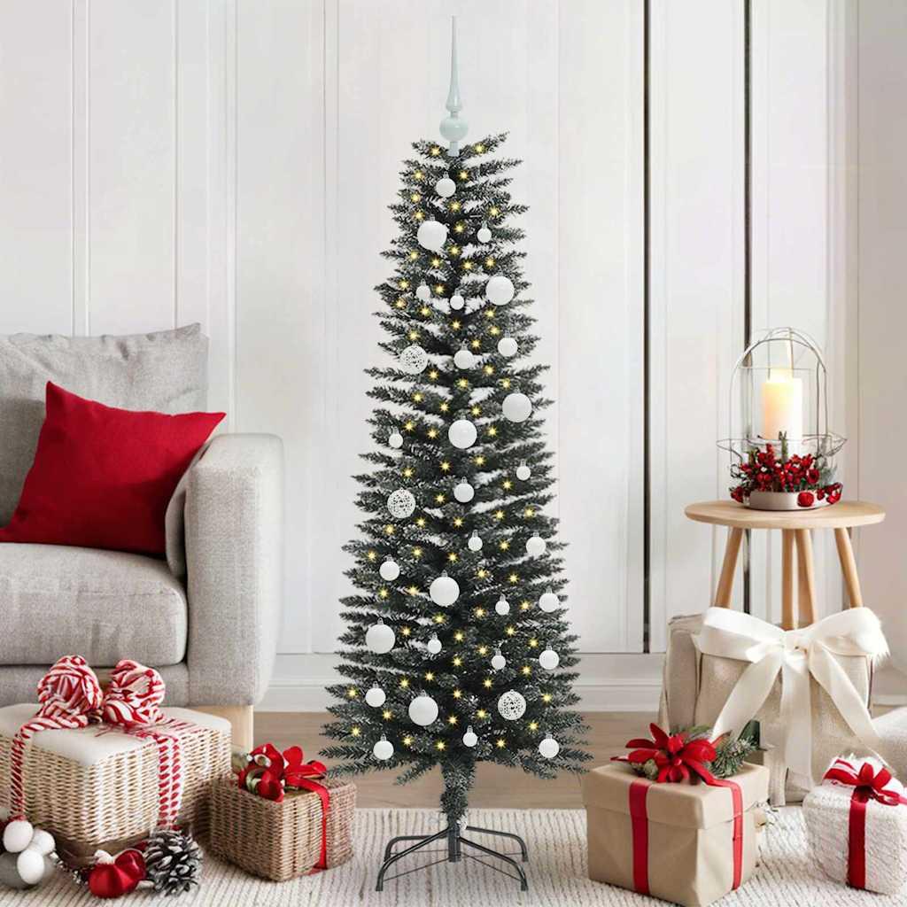 Kunstigt juletræ med LED, stativ og kugler - grøn 120 cm
