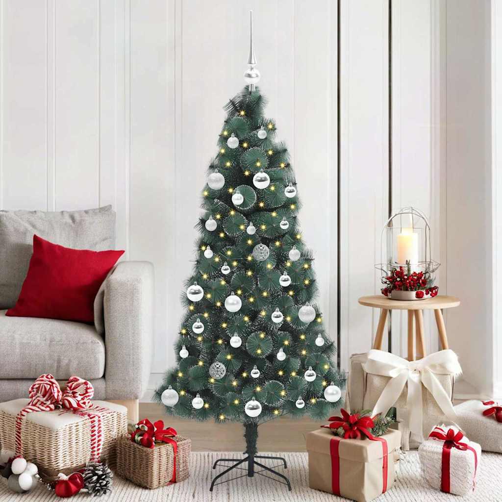 Kunstigt juletræ med kuglesæt - grøn, 150 cm, LED-strips, USB