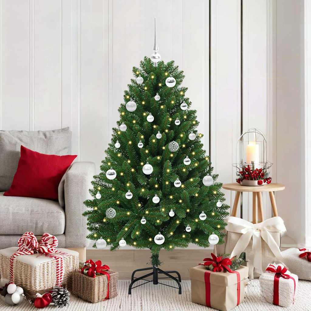 Kunstigt juletræ 150 cm med 150 LED-lys - grøn, PVC/metal, inkl. julekugler