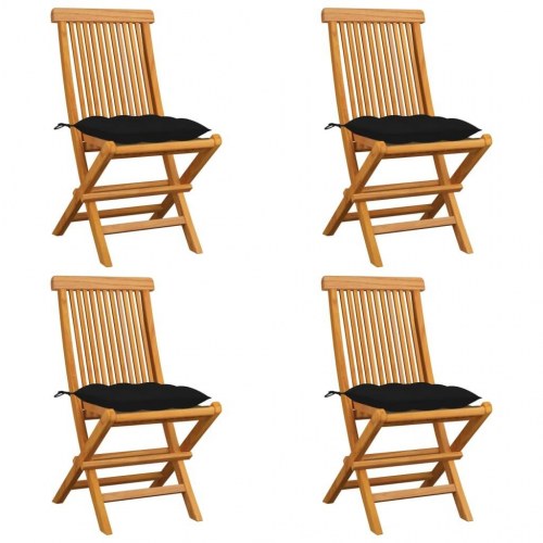 Klapstole i massivt teaktræ med sorte hynder - 4 stk.