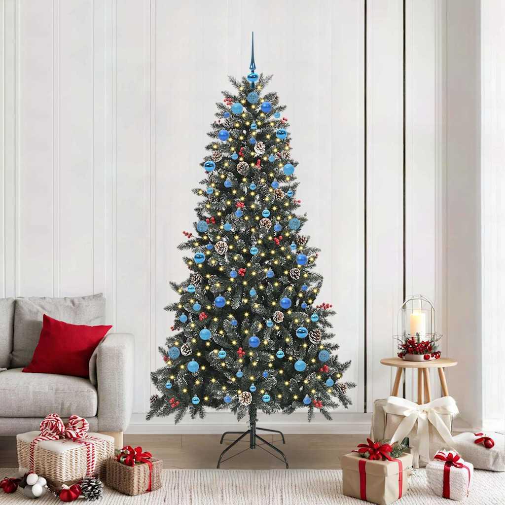 Kunstigt juletræ med LED-lys, pynt og stativ 210 cm - grøn