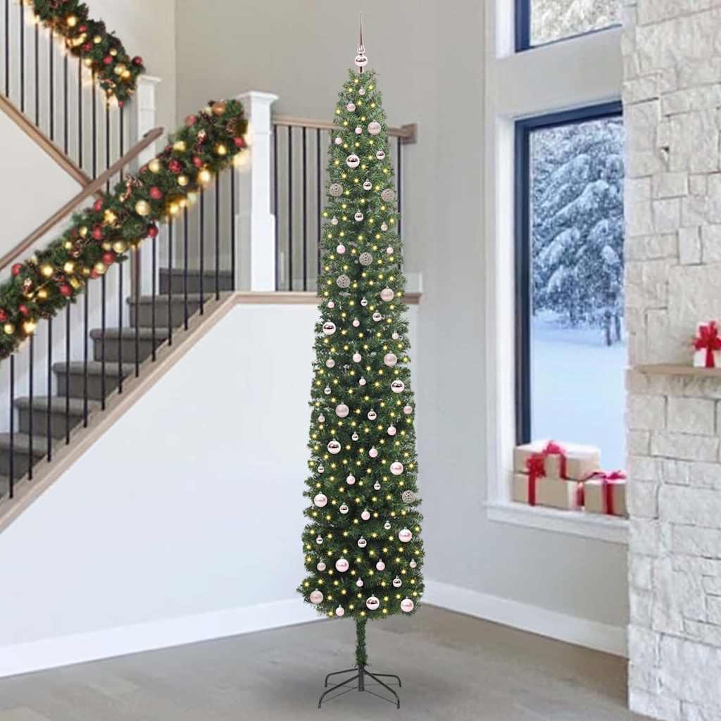 Kunstigt juletræ med LED-lys - slankt kegletræ 300 cm, grøn