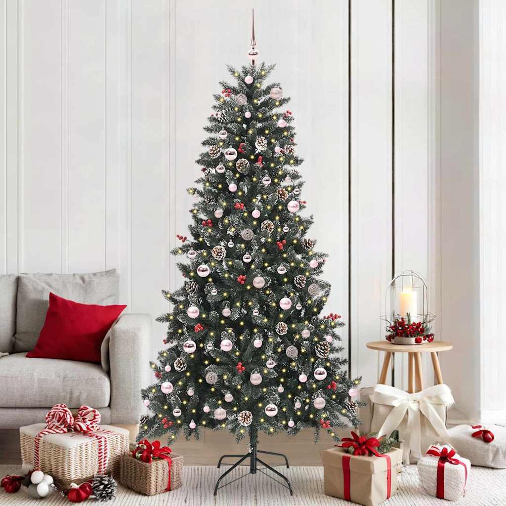Kunstigt juletræ med LED-lys, pynt og stativ 210 cm grøn