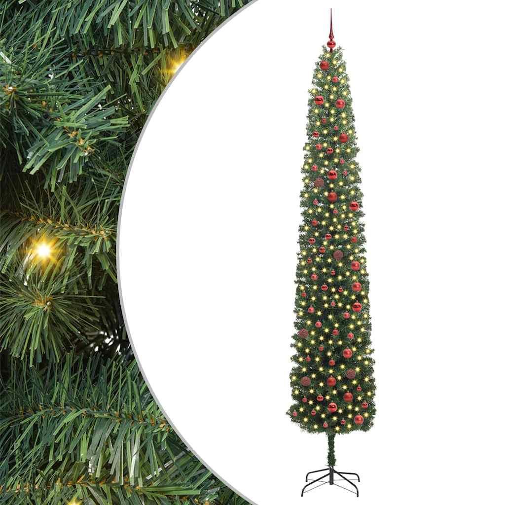 Kunstigt slankt juletræ 300 cm med LED-lys og stativ - grøn