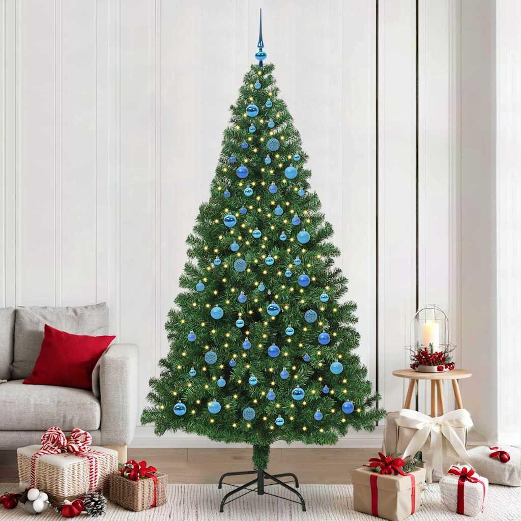 Kunstigt juletræ 240 cm med LED-lyskæde og stativ - grøn, PVC/stål/plast