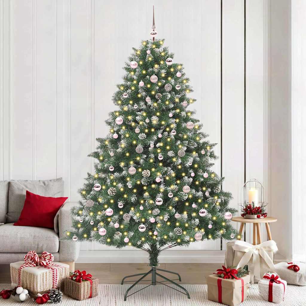Kunstigt juletræ 240 cm - grøn med LED, kogler og kugler, PVC/stål, inkl. stativ