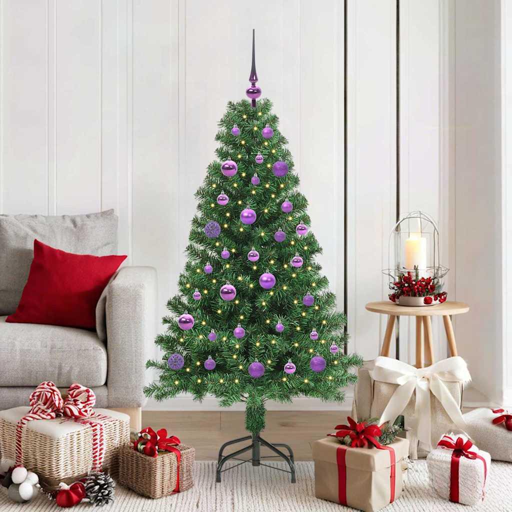 Kunstigt juletræ med LED-lyskæde og stativ - grøn 150 cm (PVC, stål, plastik)