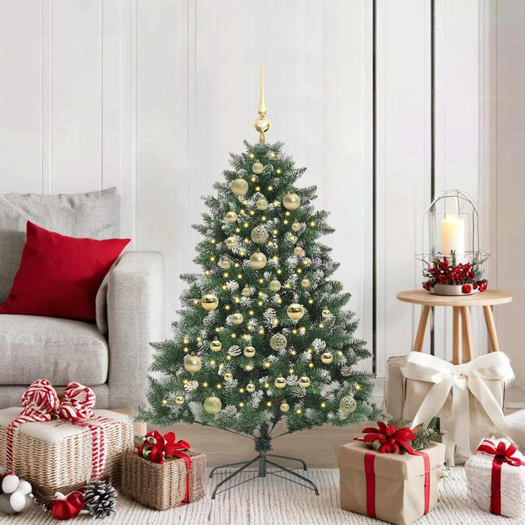 Kunstigt juletræ 120 cm med LED-lys, kugler og kogler - grøn, PVC/stål, inkl. stativ