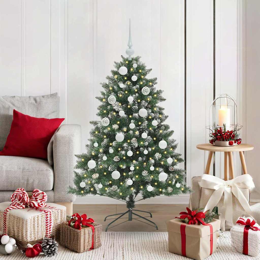 Kunstigt juletræ med LED, kogler og kugler - grøn 120 cm