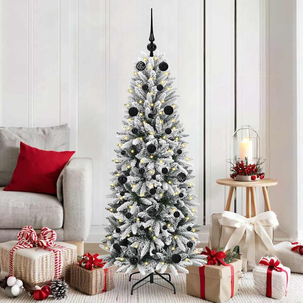 Kunstigt juletræ - hvidt 150 cm med varm-hvide LED og kugler