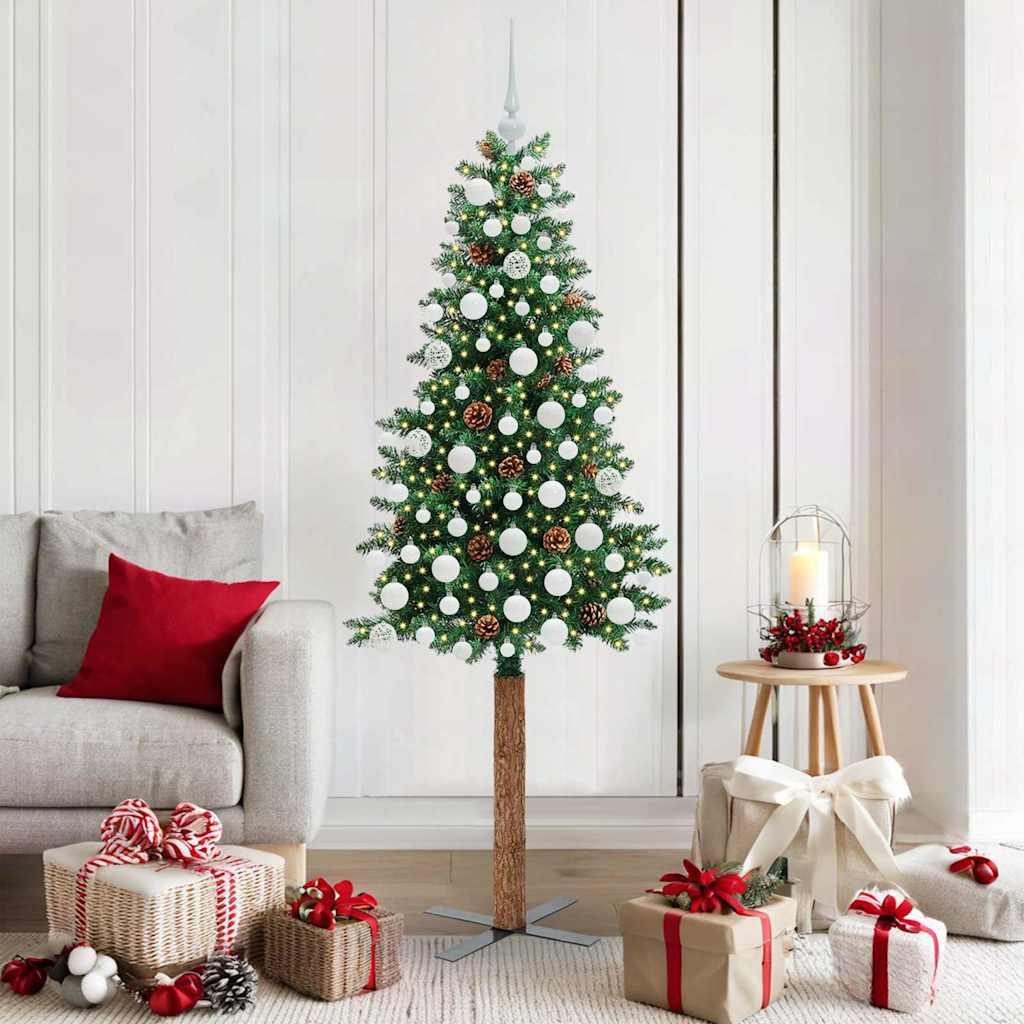 Slankt juletræ med LED-lys, 180 cm - grøn PVC og massiv fyrretræsstamme