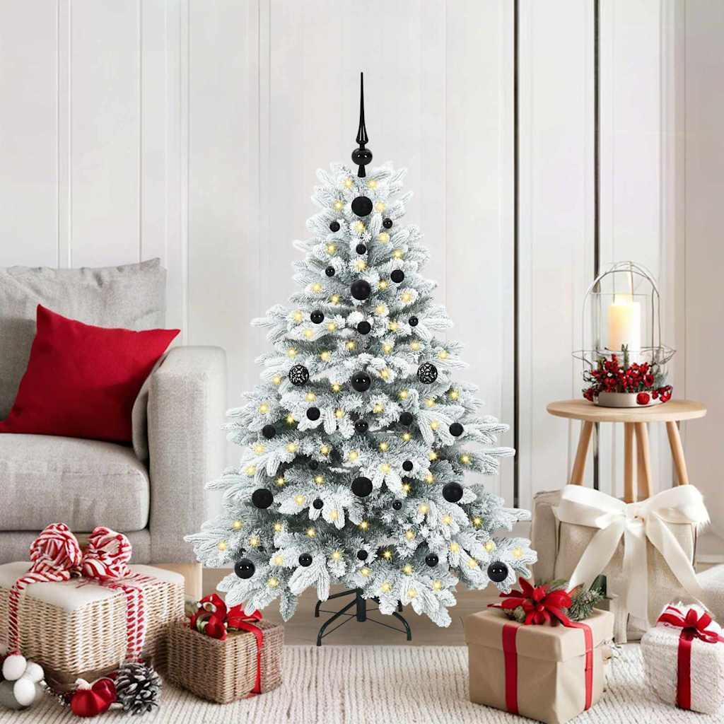 Kunstigt juletræ 120 cm - hvid med 150 varme hvide LED og kugler (PE/PVC)