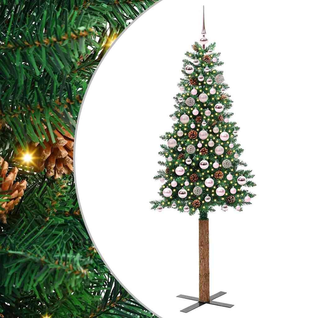 Slankt juletræ med stativ - grøn 180 cm, PVC og massiv fyrretræ, med LED-lys