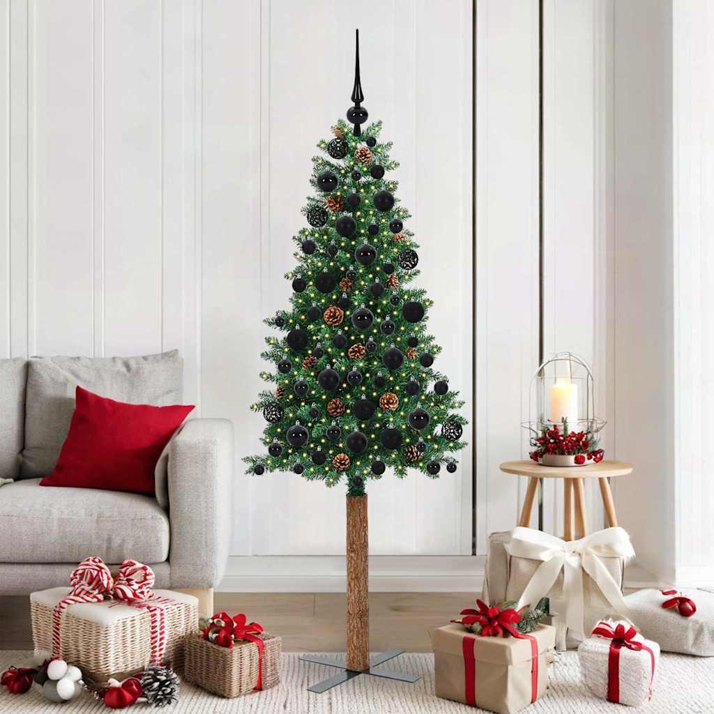 Slankt juletræ med LED-lys på stativ - grøn 180 cm, PVC og massiv fyrretræ