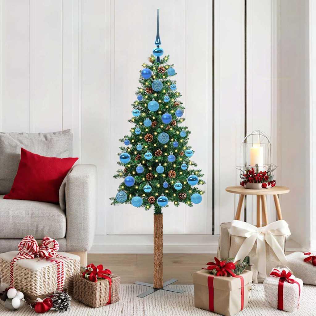 Slankt juletræ med LED-lys - grøn 150 cm, PVC og massiv fyrretræsstamme