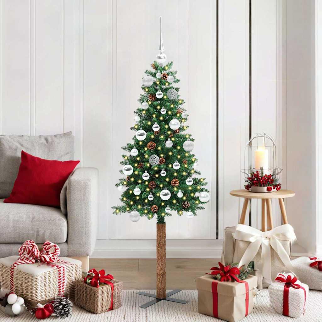 Slankt juletræ med LED-lys - grøn 150 cm, PVC og massiv fyrretræsstamme