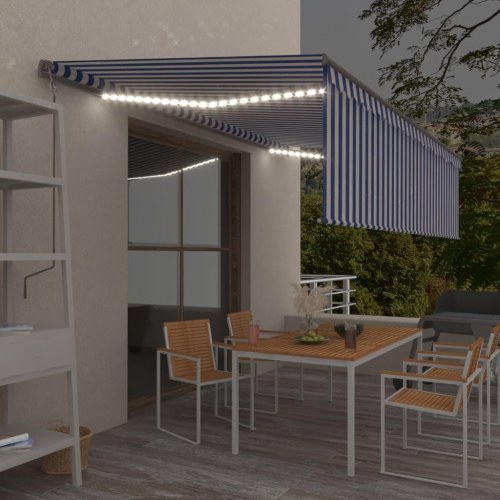 Automatisk markise med rullegardin, LED og vindsensor 5×3 m - blå/hvid