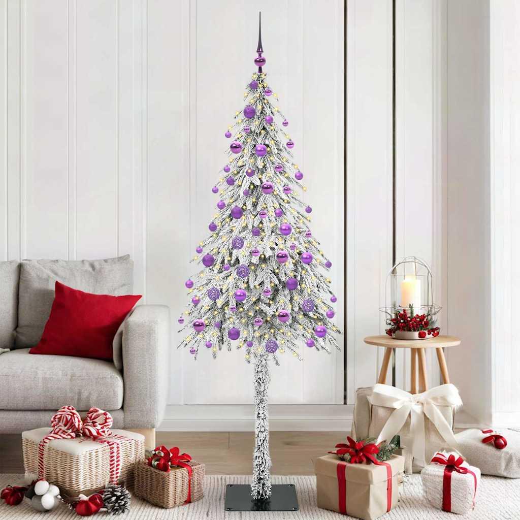 Kunstigt juletræ hvidt med LED-lyskæde og kugler - 180 cm