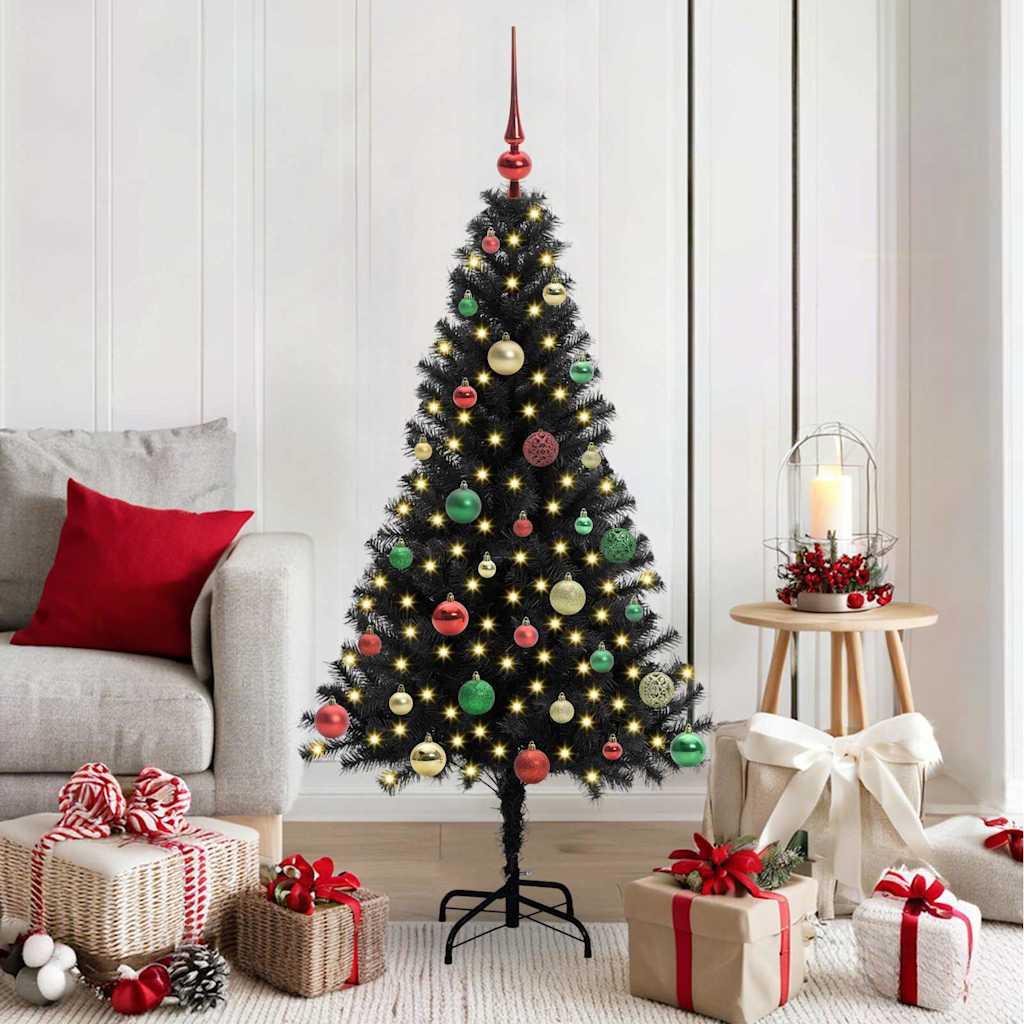 Juletræ med 150 LED - sort PVC, 150 cm, med stativ