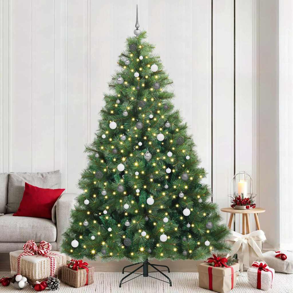 Kunstigt juletræ med 300 LED-lys og julekugler - grøn, 240 cm