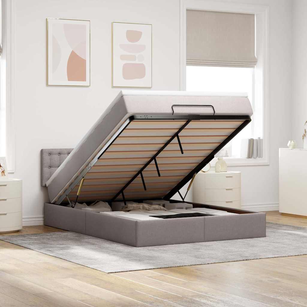 Ottoman seng med madras og LED - taupe stof 140 x 190 cm