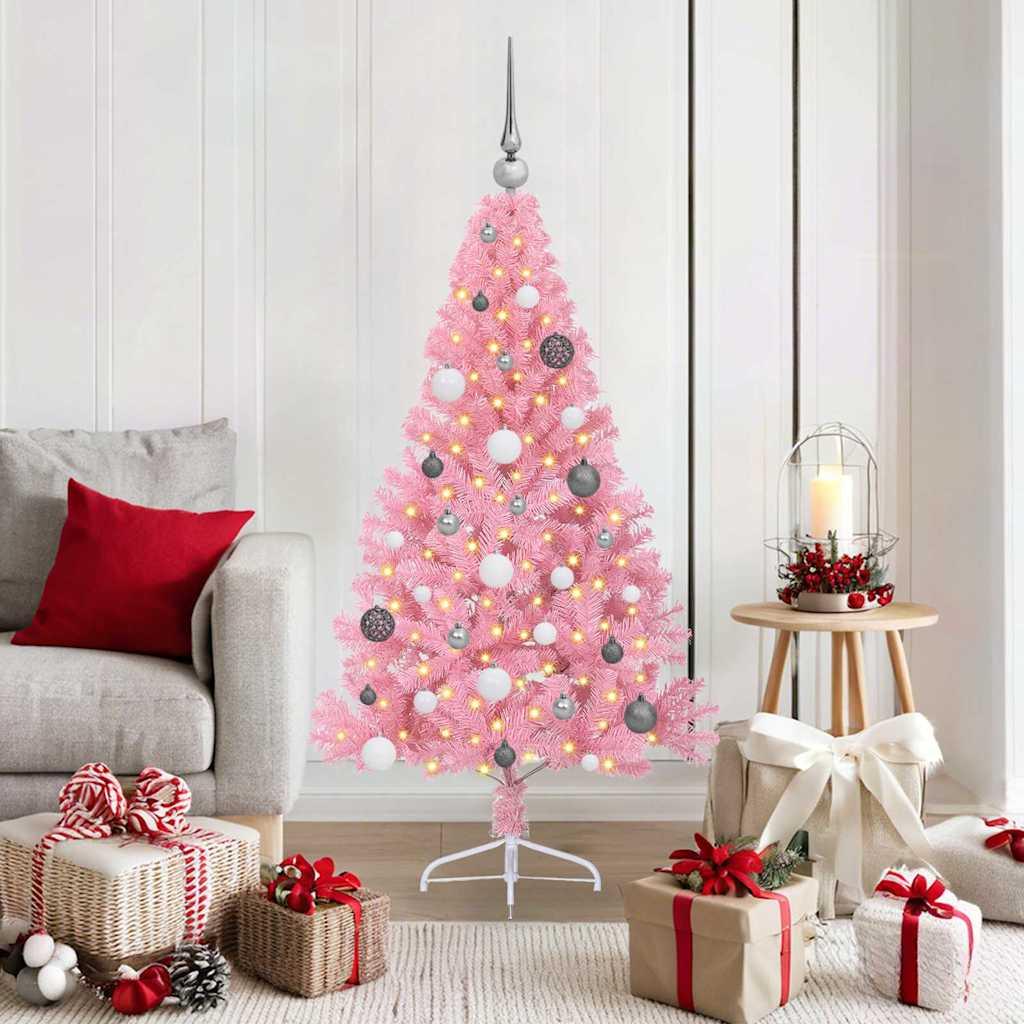 Kunstig Forbelyst Juletræ med 150 LED'er Lyserød 150 cm PVC