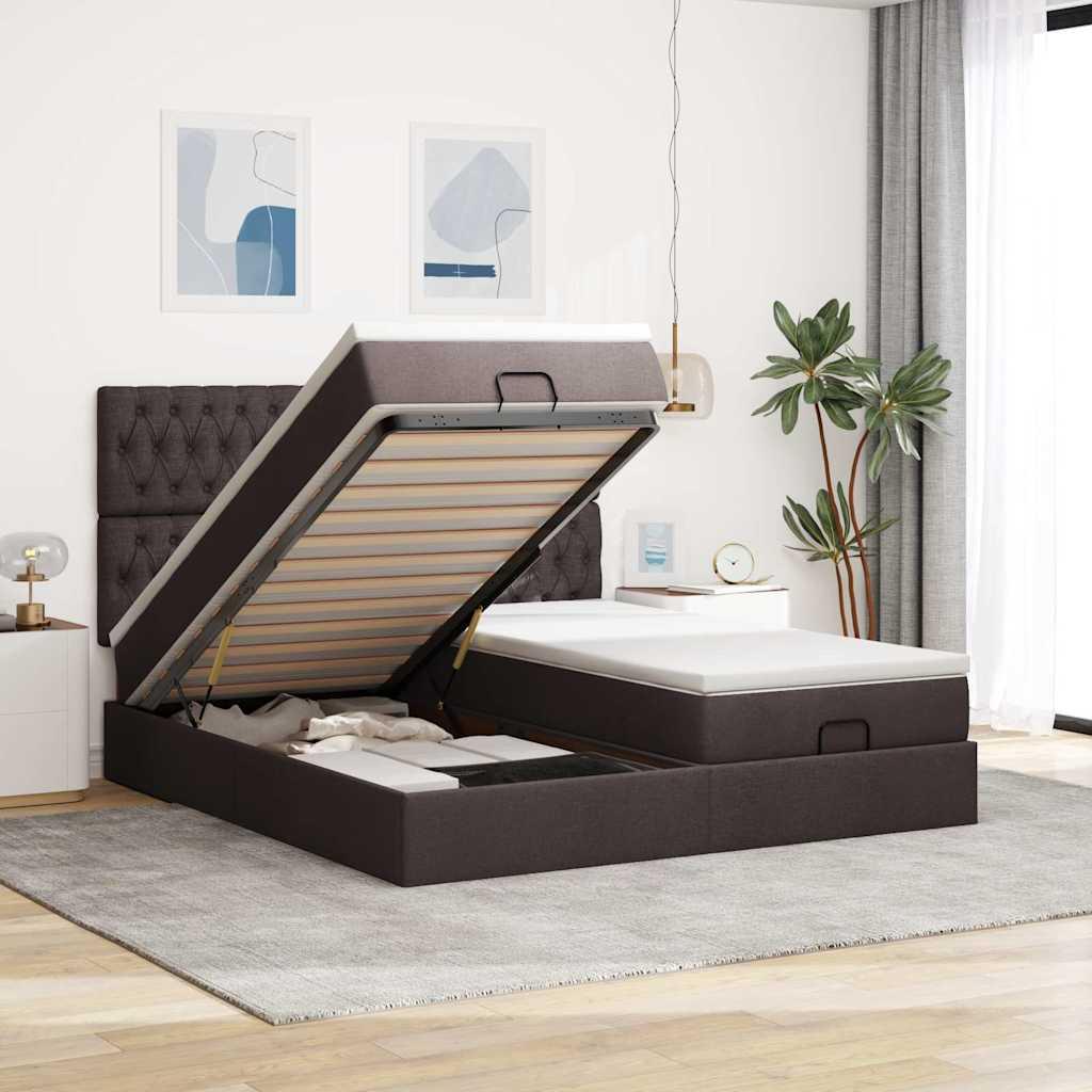 Osmannisk sengeramme med madrasser 160×200 cm - stof, mørkebrun, med LED-lys og opbevaring