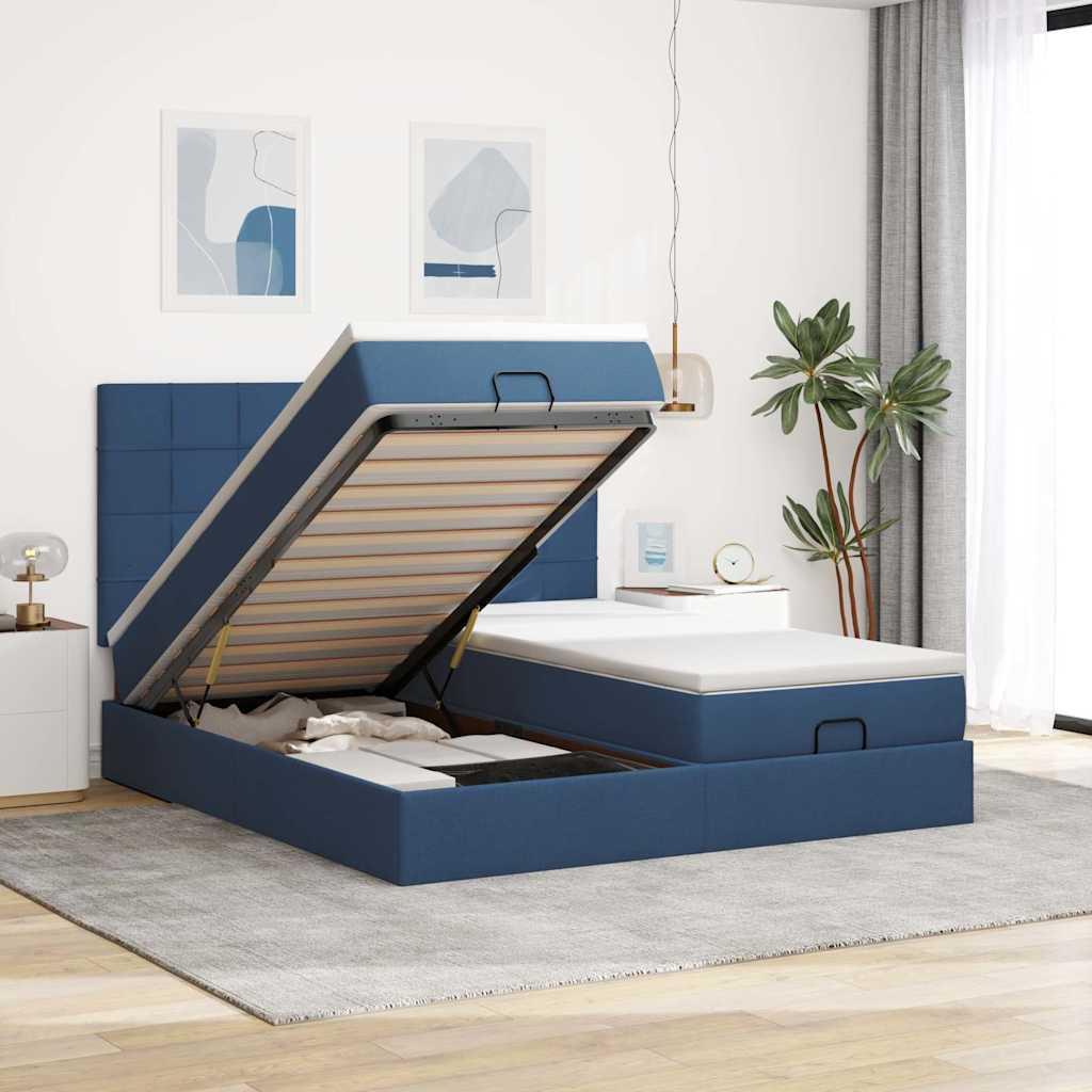 Osmannisk sengeramme med opbevaring inkl. madrasser 160×200 cm - blå stof