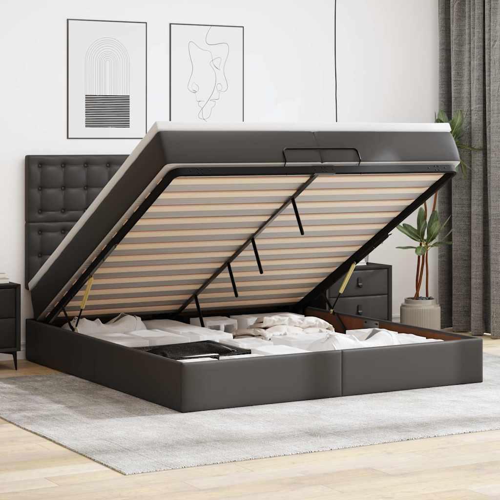 Ottomansk sengeramme med madrasser 200x200 cm i kunstlæder - sort, opbevaring og LED-lys