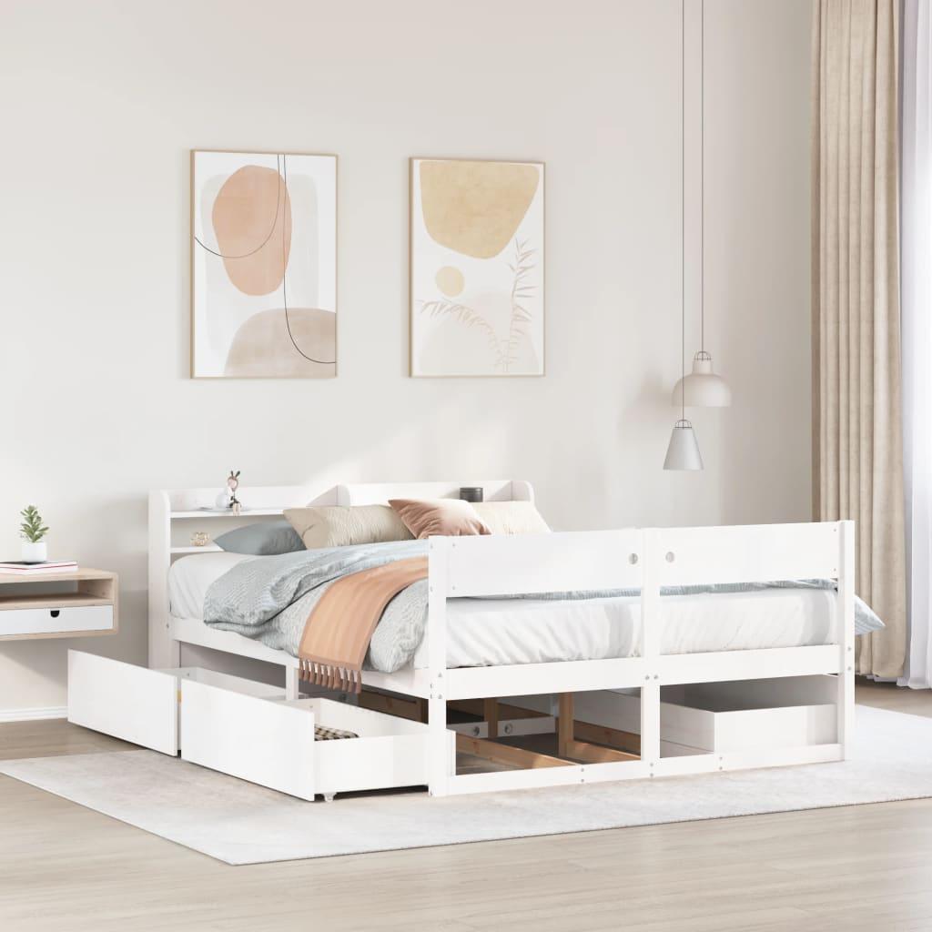 Sengeramme med opbevaring 135x190 cm - massivt fyrretræ, hvid