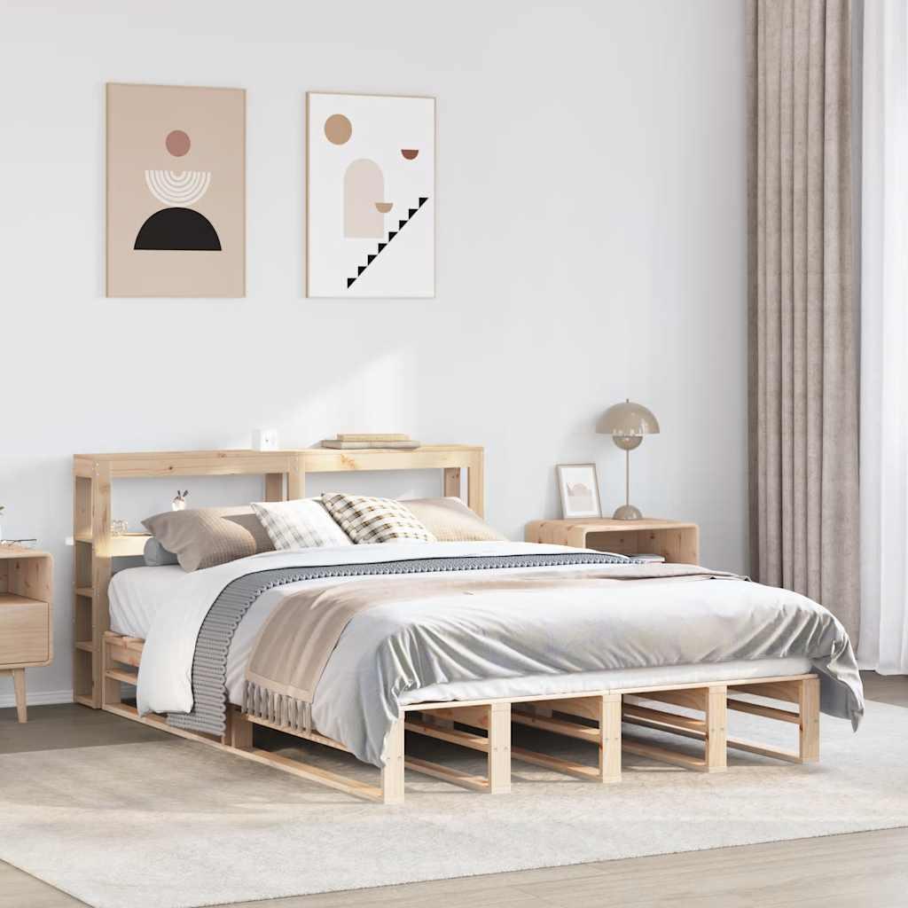 Sengeramme i massivt fyrretræ 140x190 cm med sengegavl og hylder