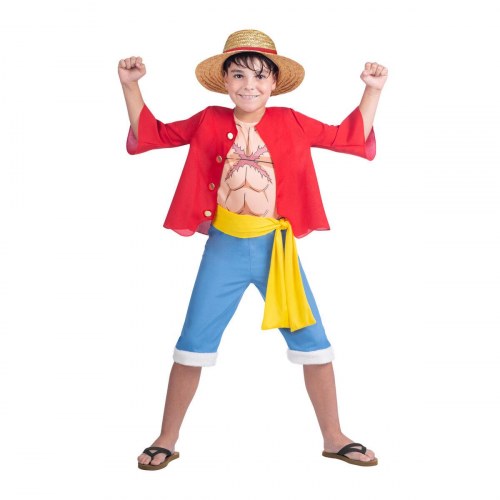 Luffy børnekostume - +7 år (sæt med hat, jakke, t‑shirt, bælte og bukser)