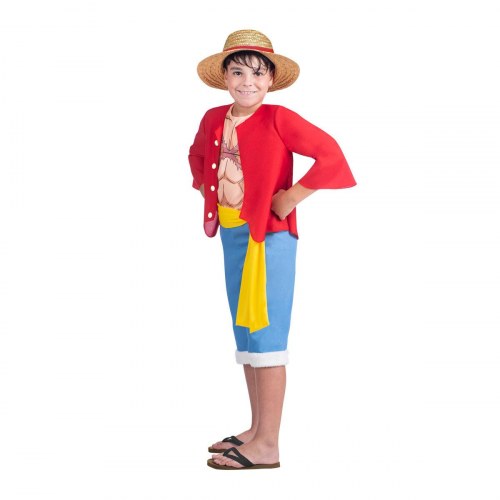 - Luffy børnekostume (hat, jakke, t-shirt, bælte, bukser)