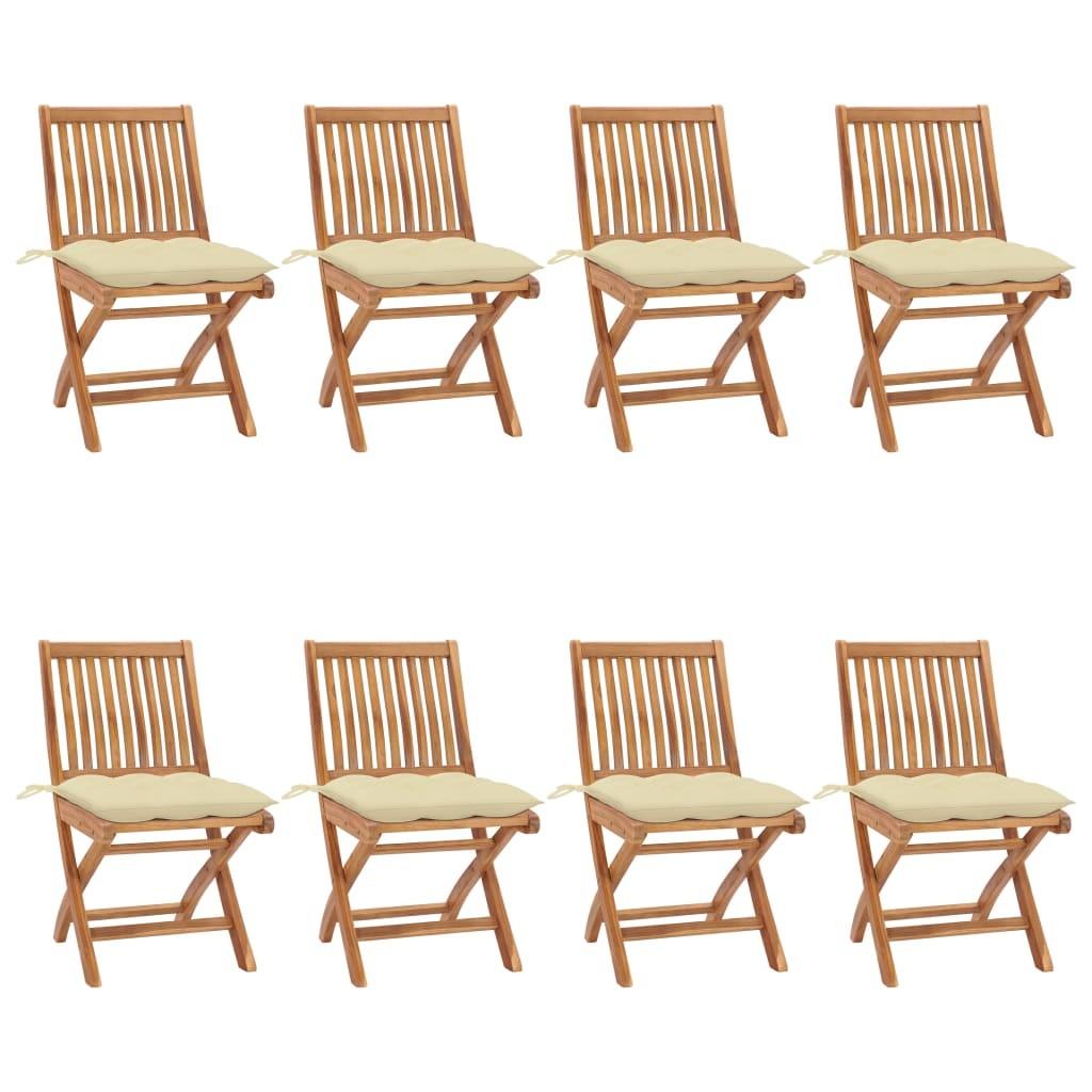Foldbare Havestole Med Hynder Massivt Teaktræ - Creme / 8