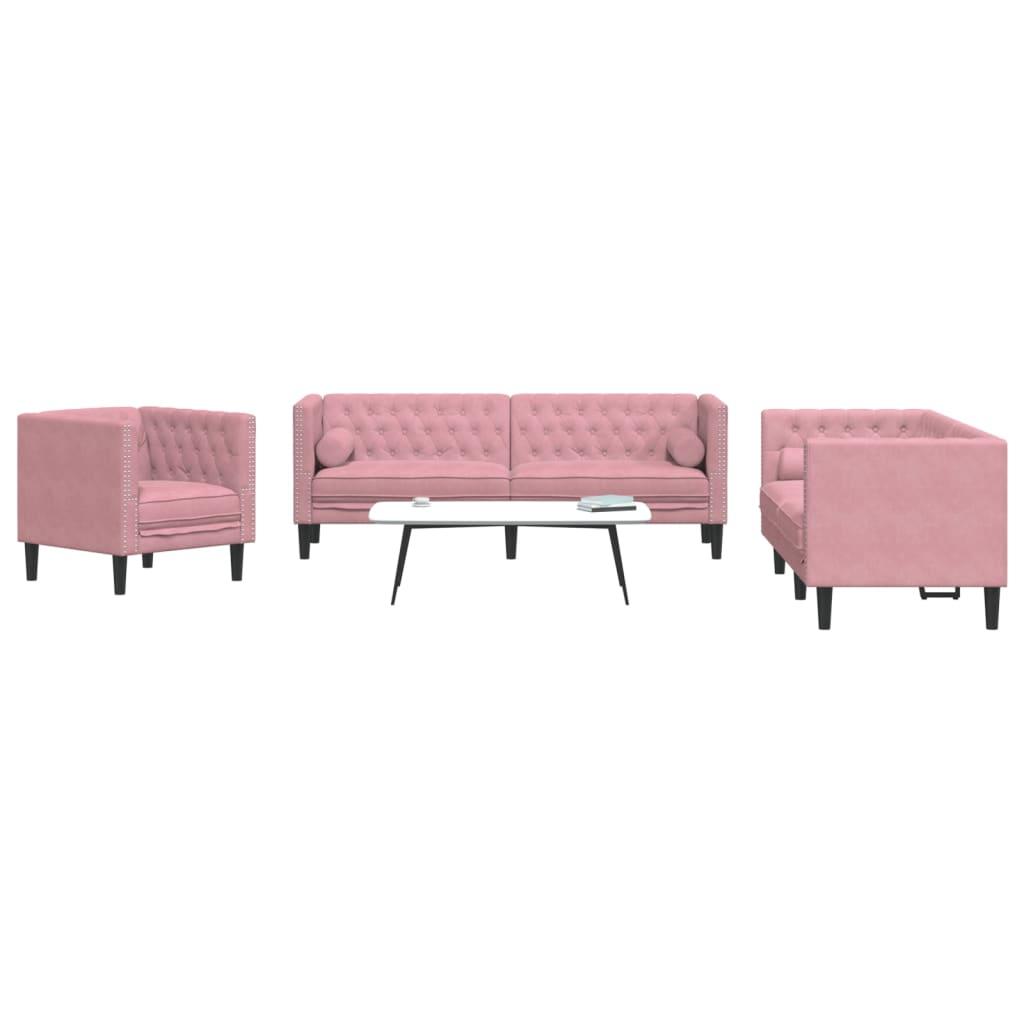 3 Personers Chesterfield Sofasæt Med Puder Fløjl Pink