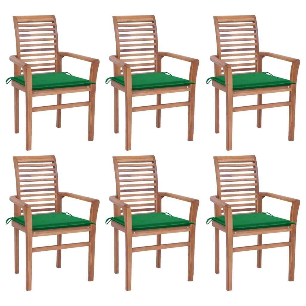 Spisebordsstole 6 stk. med grønne hynder massivt teaktræ