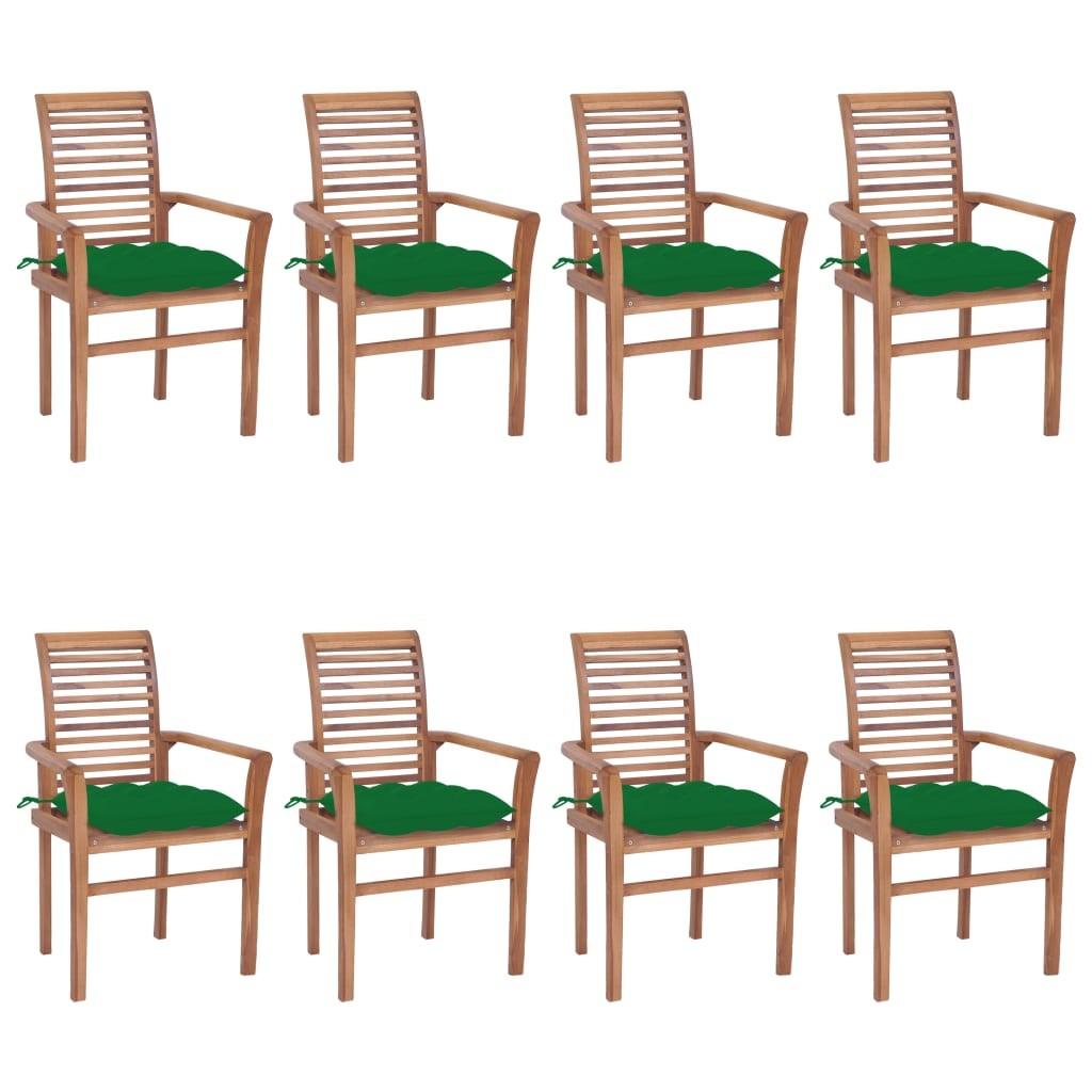 Spisebordsstole 8 stk. med grønne hynder massivt teaktræ