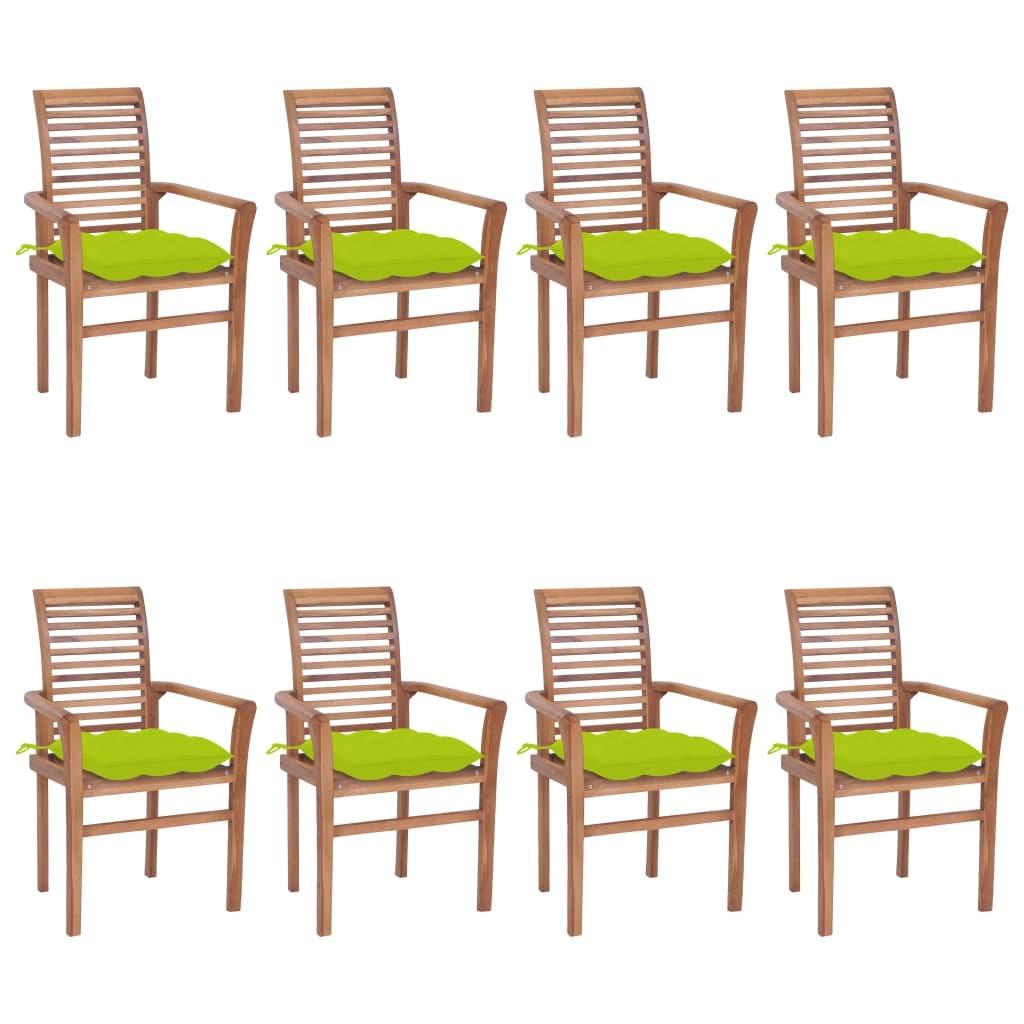 Spisebordsstole 8 stk. med lysegrønne hynder massivt teaktræ