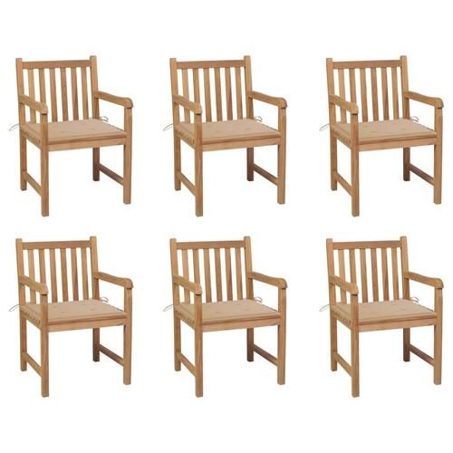Havestole 6 stk. med beige hynder massivt teaktræ