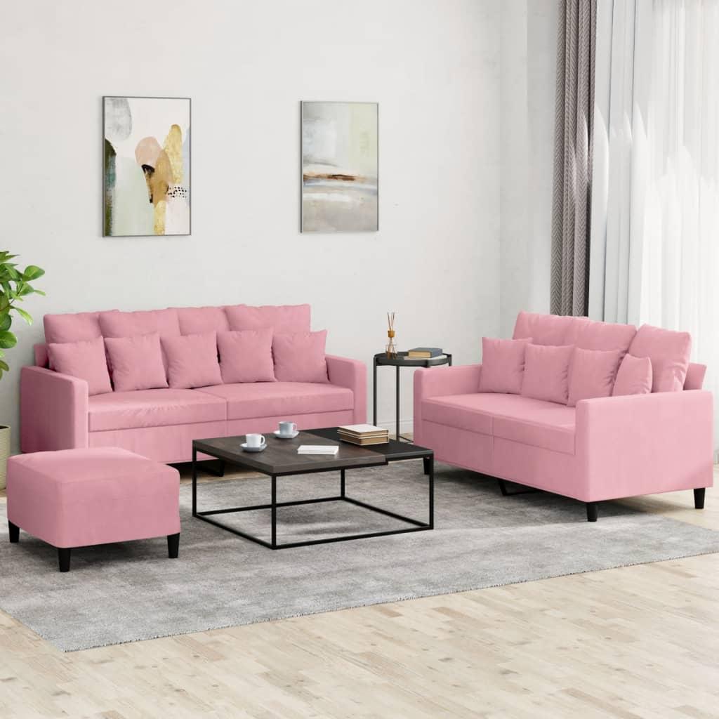 Sofasæt 3 dele med hynder velour lyserød