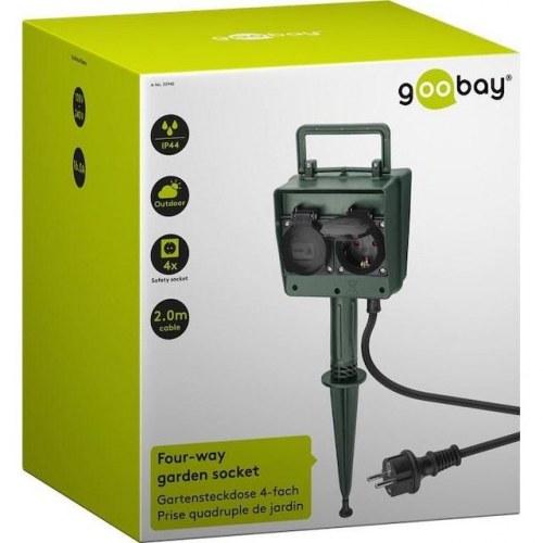 Udendørs stikdåse med jordspyd 4-vejs – Goobay, 2 m, IP44