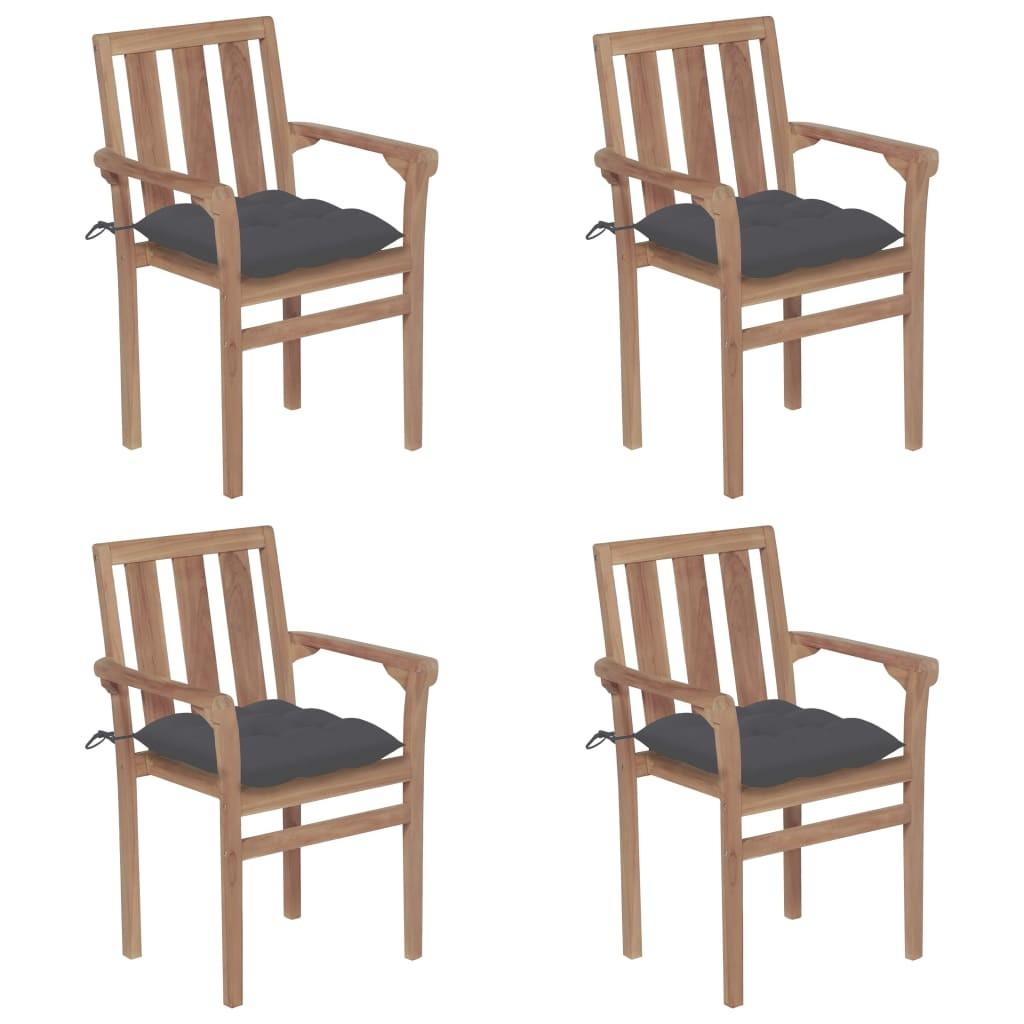 Havestole 4 stk. med hynder stabelbare massivt teaktræ