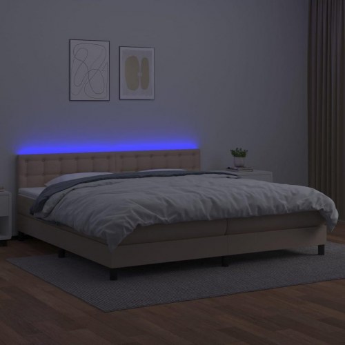 Kontinentalseng med LED-lys 200x200 cm i kunstlæder - cappuccino