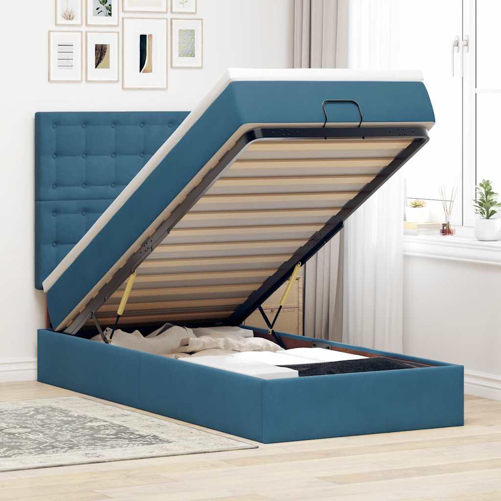 Ottomansk sengeramme med madras 90x190 cm - fløjl, mørkeblå, opbevaring og LED-lys