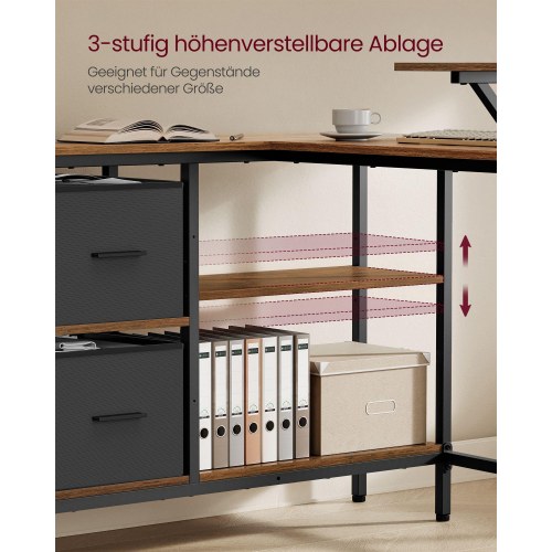 Skrivebord i L-form med monitorhylde og 2 rummelige skuffer – rustik brun