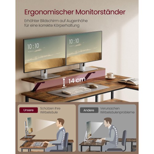 Skrivebord i L-form med monitorhylde og 2 rummelige skuffer – rustik brun